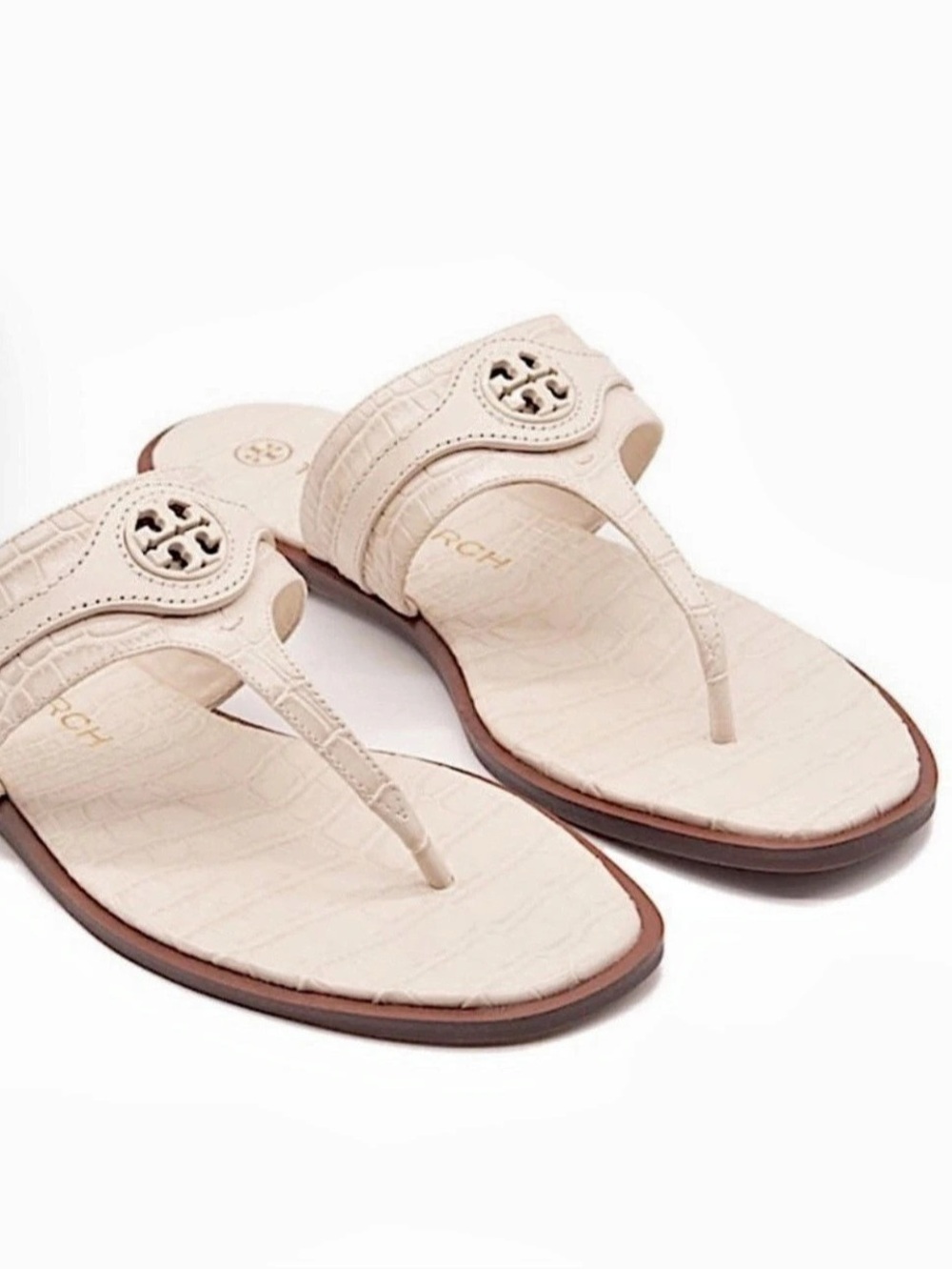 Tory Burch Miller Croc-Embossed Leather Sandal Sandals, Cream
